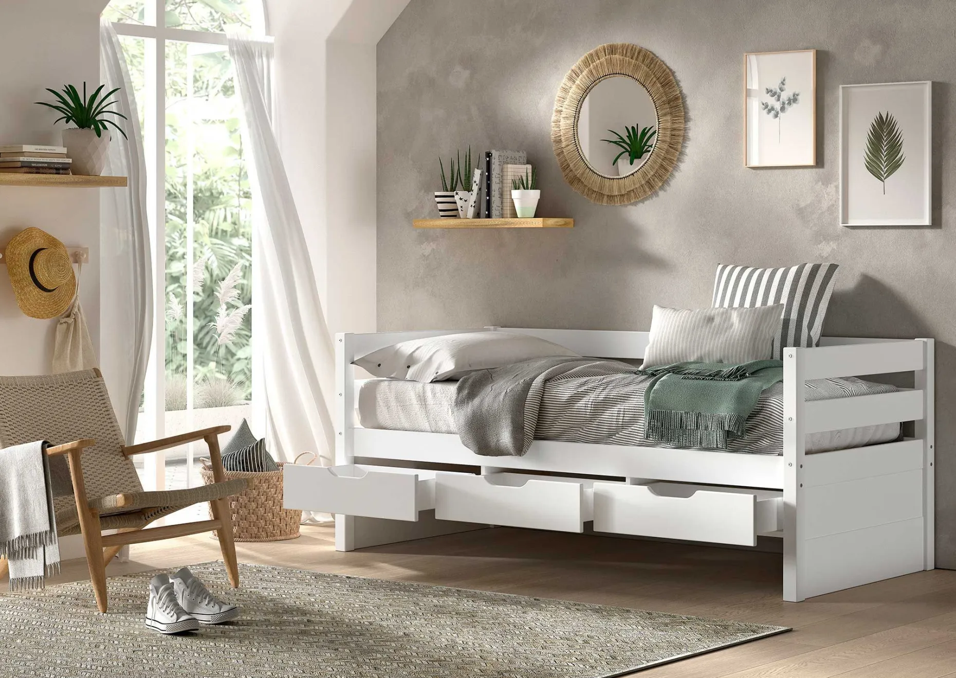 Kabinenbett Maggie - mit 3 Stauraumschubladen und Bettkasten - 90 x 200 - Kiefer massiv - weiß