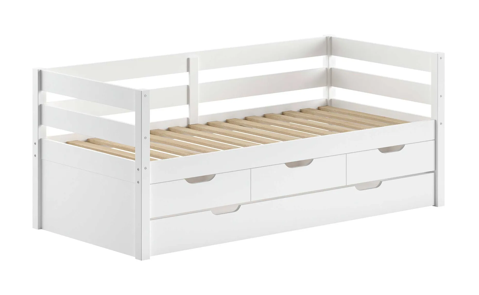 Kabinenbett Maggie - mit 3 Stauraumschubladen und Bettkasten - 90 x 200 - Kiefer massiv - weiß
