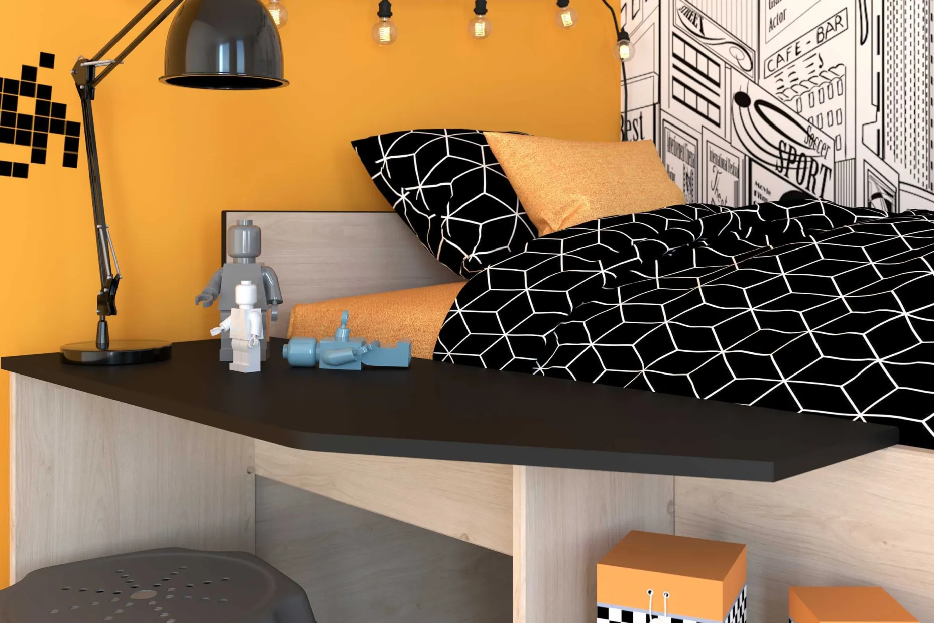 Kabinenbett Milky mit Schreibtisch und Schubladen - schwarz/gelb