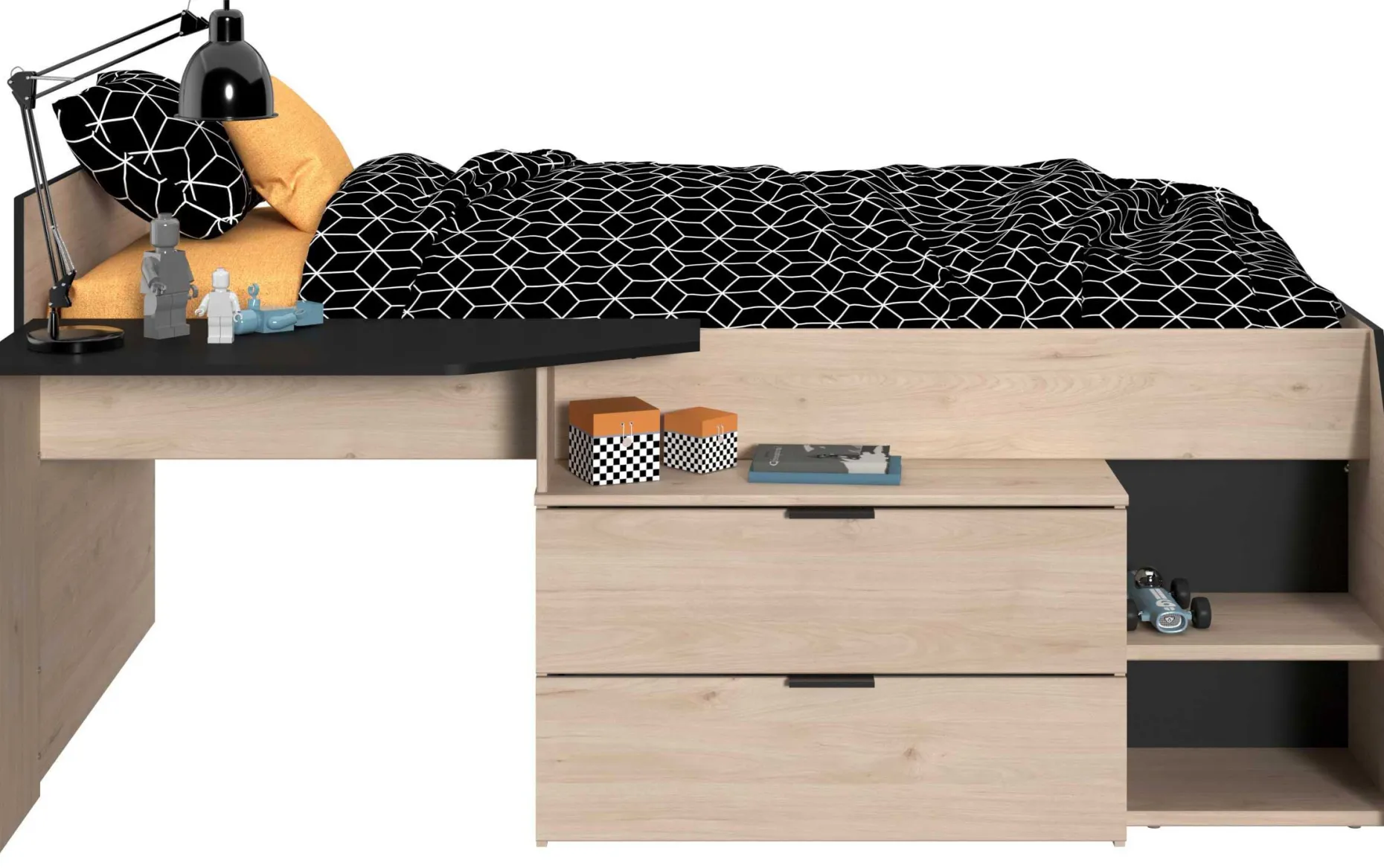 Kabinenbett Milky mit Schreibtisch und Schubladen - schwarz/gelb