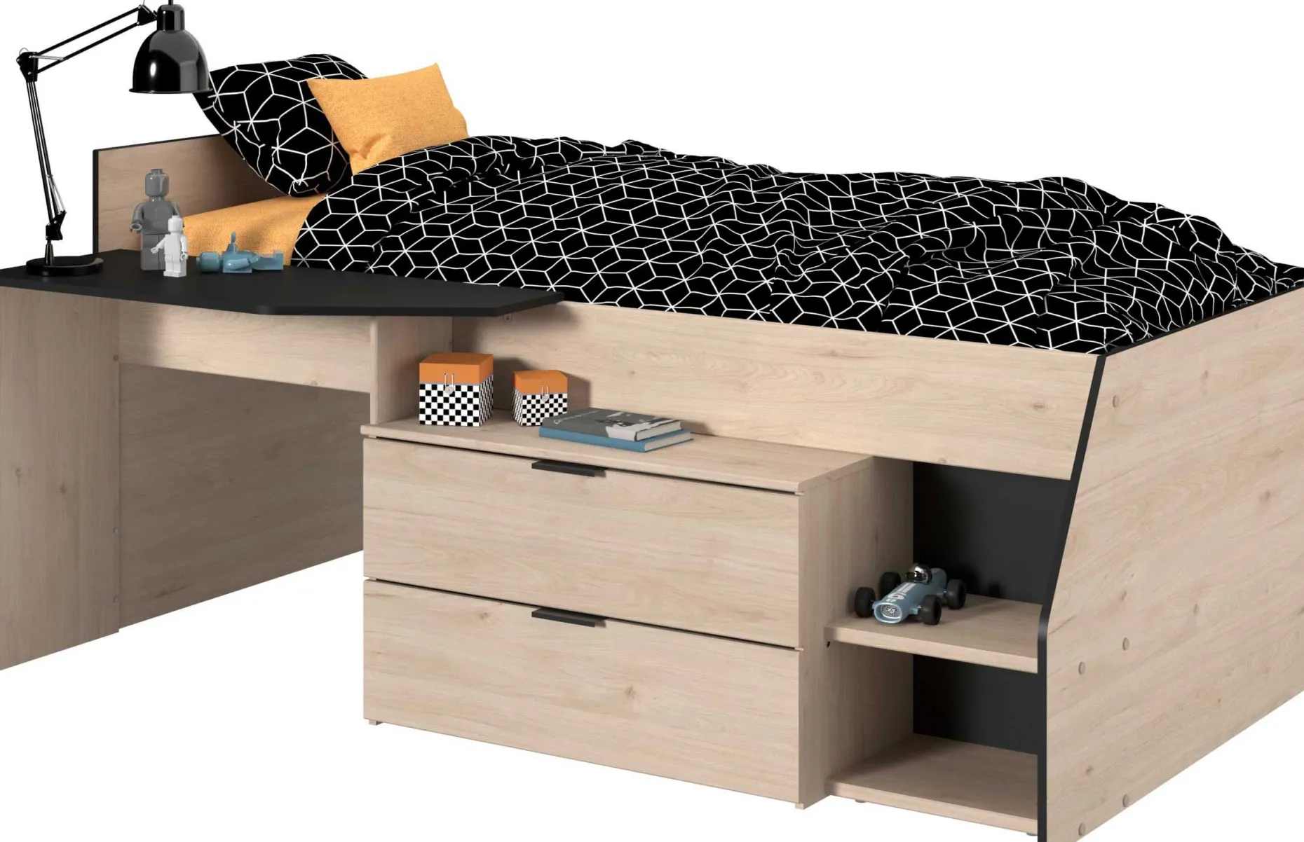 Kabinenbett Milky mit Schreibtisch und Schubladen - schwarz/gelb