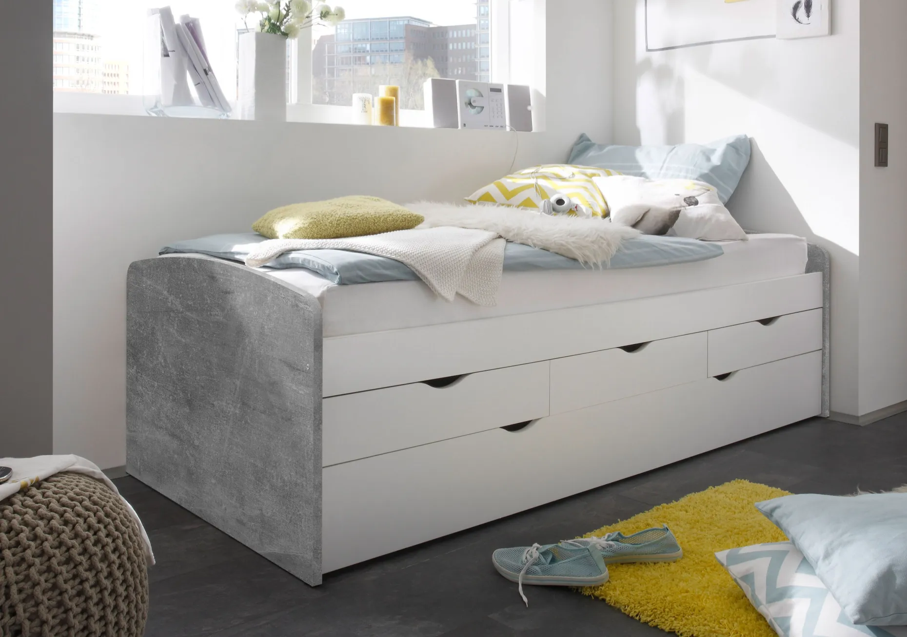 Kabinenbett Nasri 90x200 mit Bettkasten - Beton/Weiß