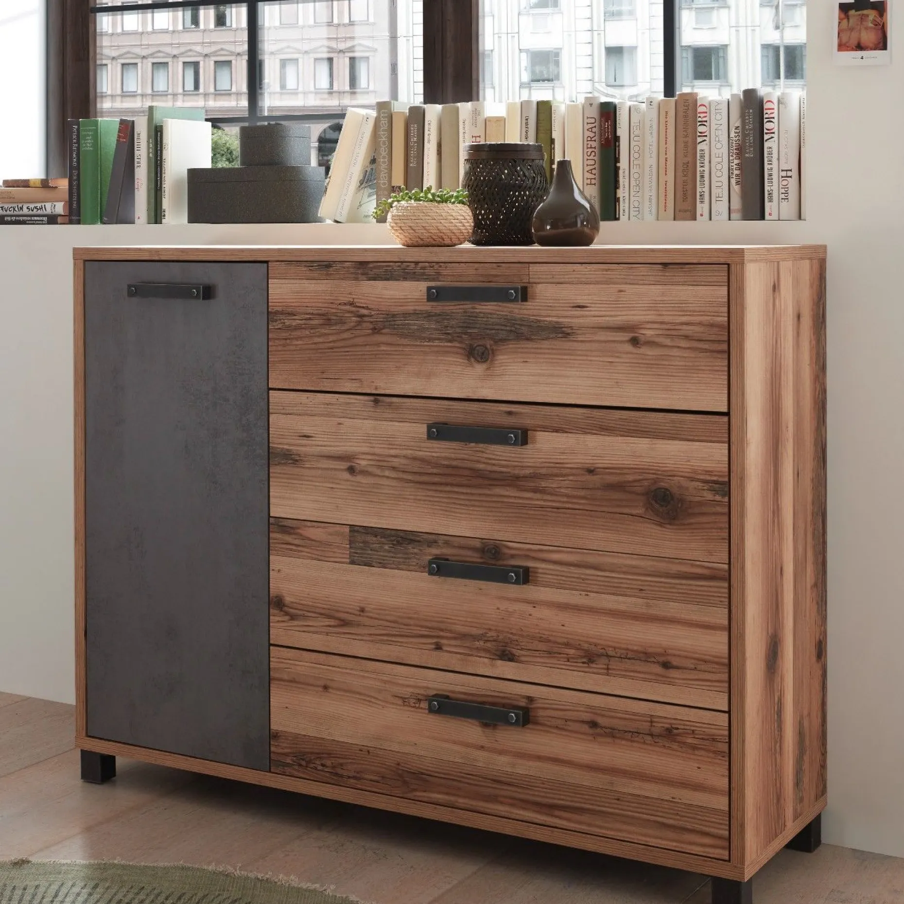 Kalas Kommode 125cm mit 1 Tür und 4 Schubladen - braun/grau
