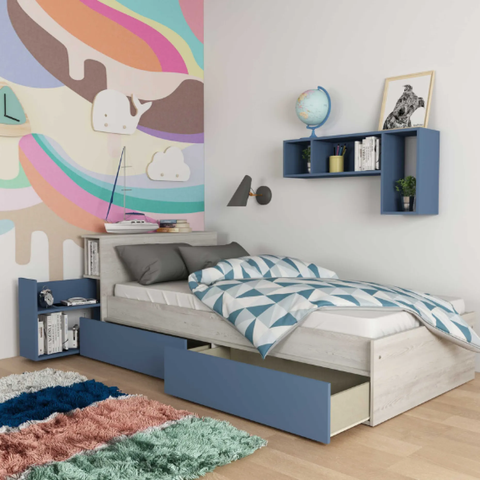 Kazim Einzelbett 90x190 cm-pine/blau