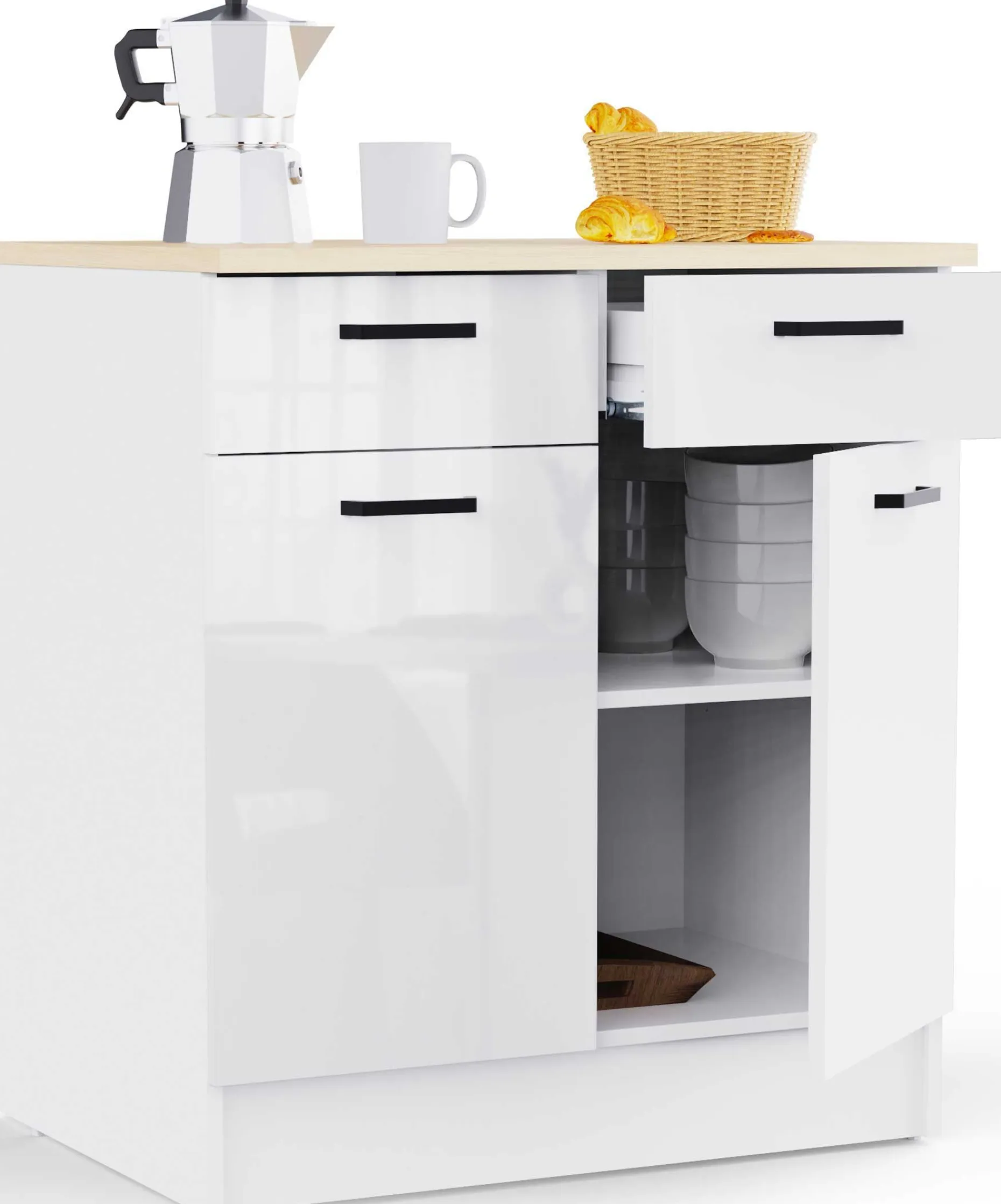 Küchenschrank Bianco - 80x60x90cm - 2 Türen und 2 Schubladen - Hochglanz weiß