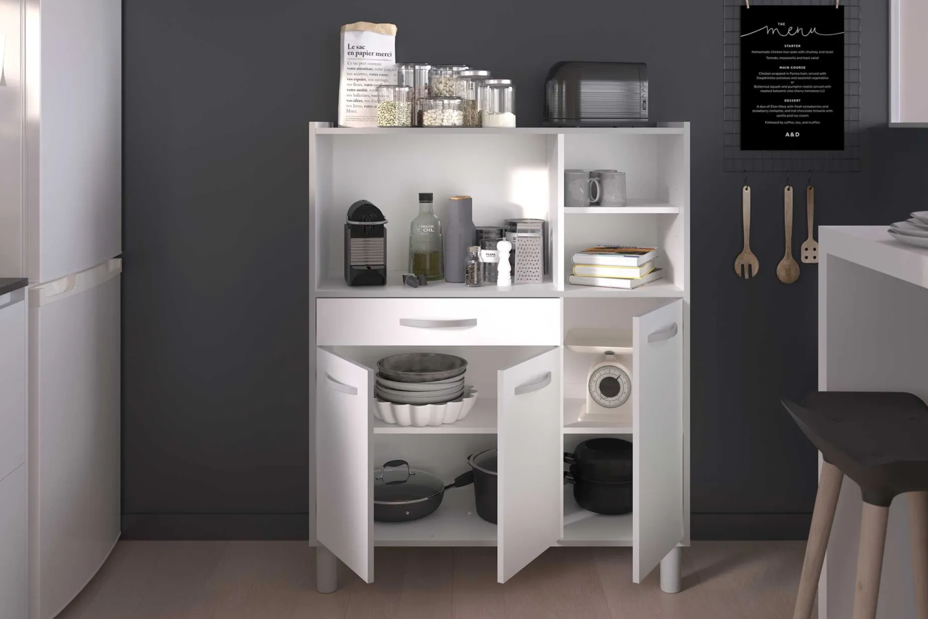 Küchenschrank Easy 101cm, 3 Türen und 1 Schublade - weiß