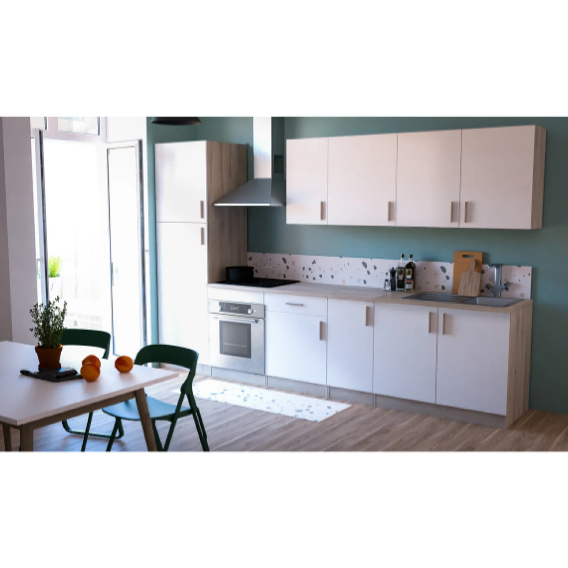 Küchenschrank für Kühlschrank Romanie 60 cm 2 Flügeltüren und 2 Einlegeböden-Kronberg Eiche/Mattweiß