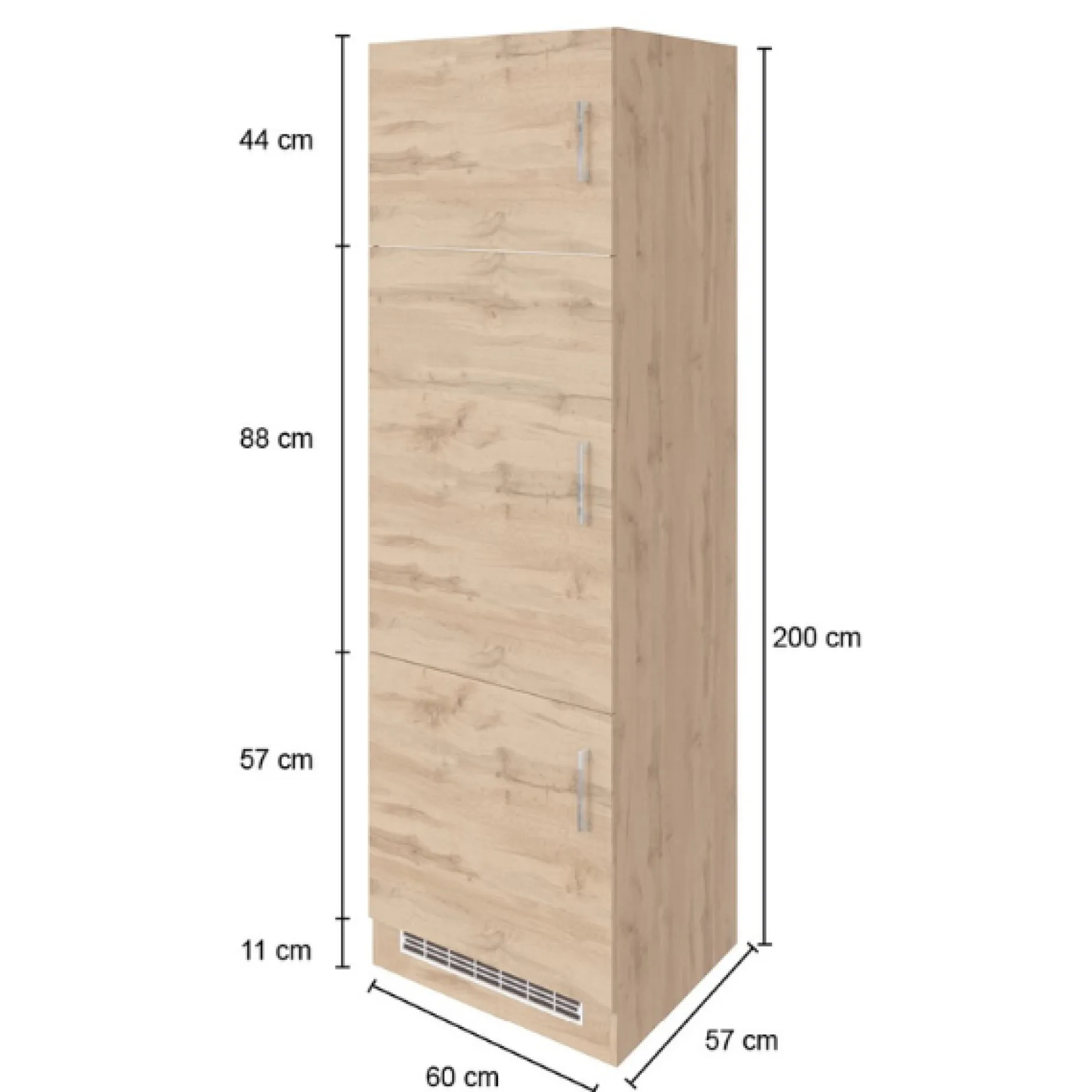 Küchenschrank für Kühlschrank Sorrella 60cm 3 Türen - weiß/Eiche