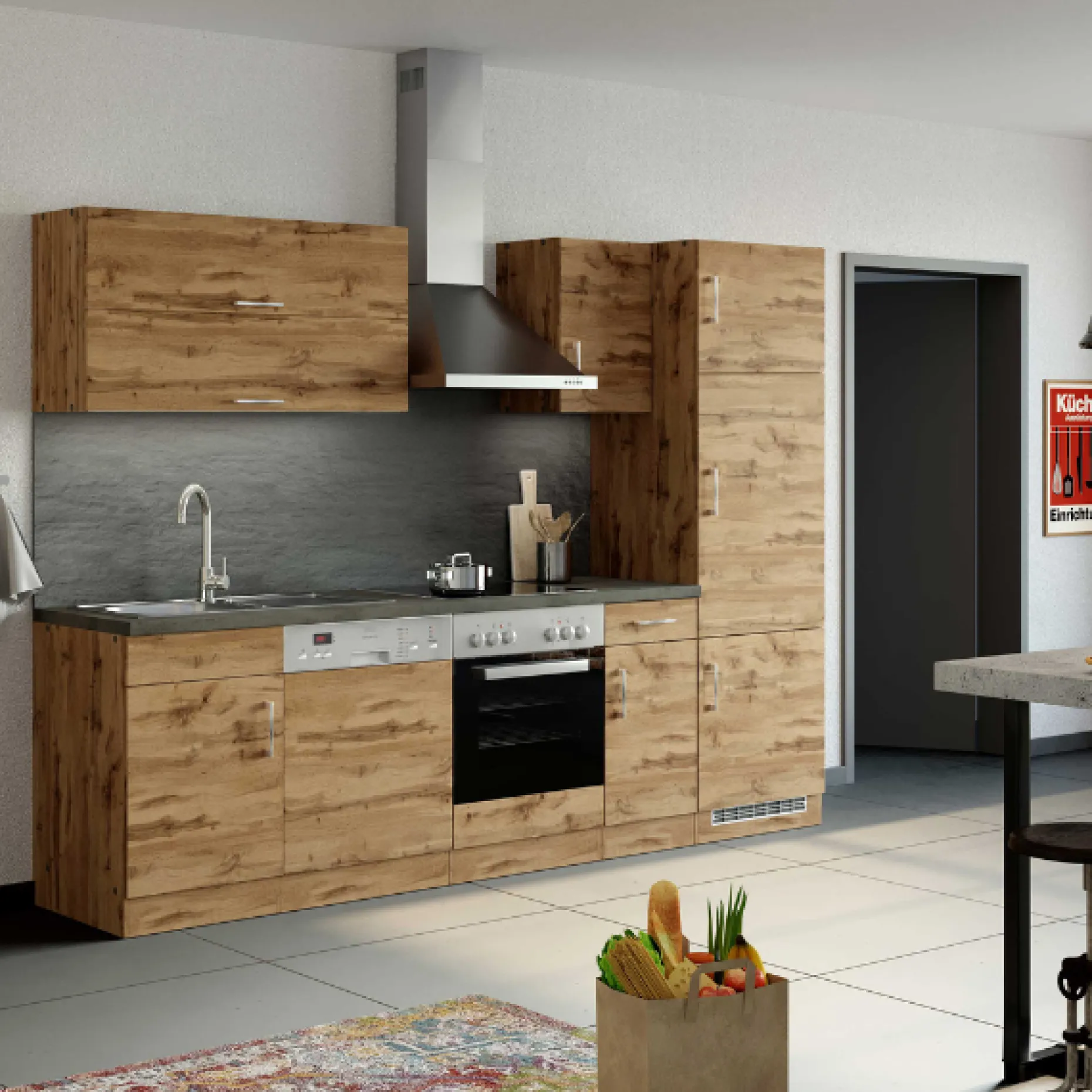 Küchenschrank für Kühlschrank Sorrella 60cm 3 Türen - Eiche