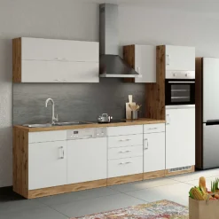 Küchenschrank für Kühlschrank und Backofen Sorrella 2 Türen - weiß/Eiche