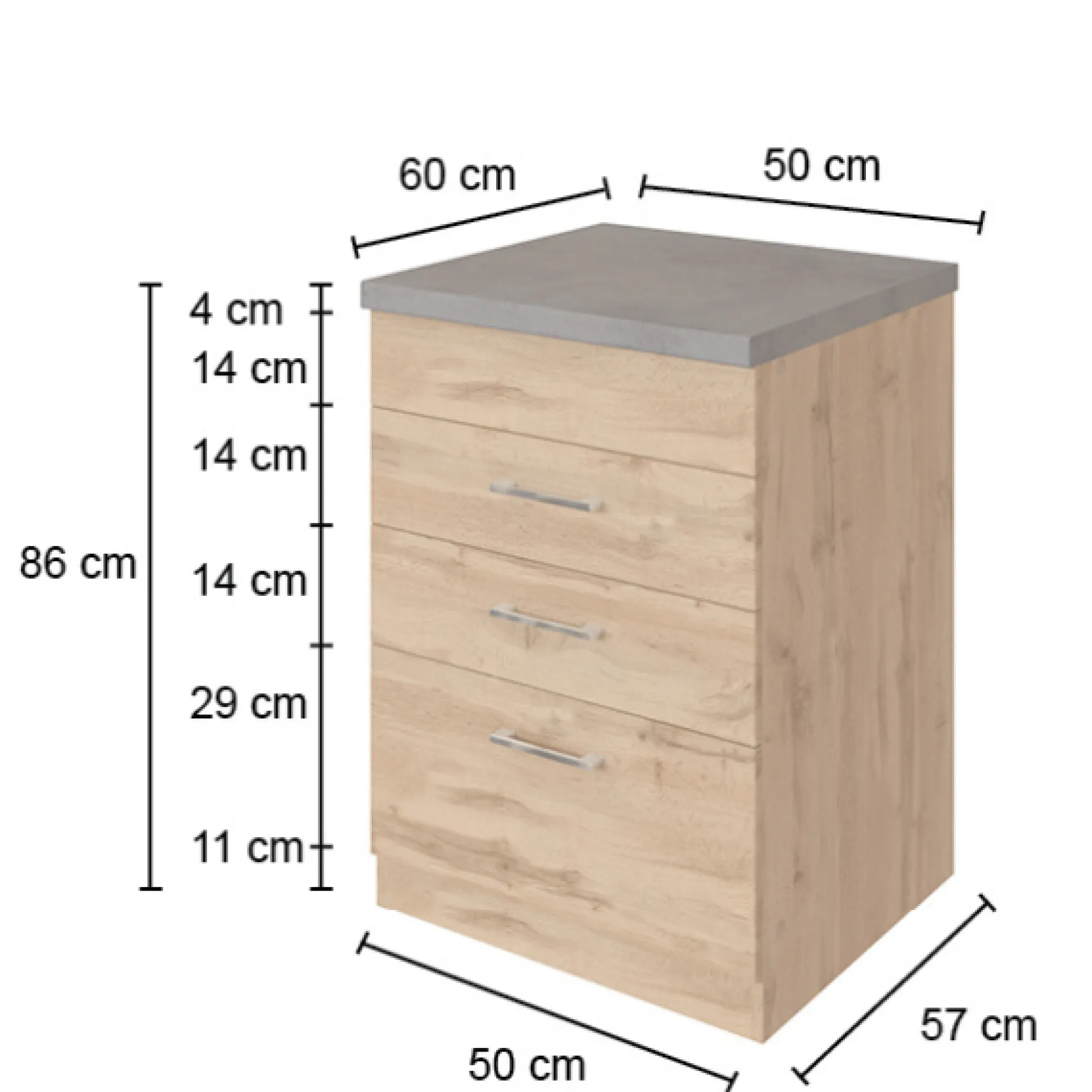 Küchenschrank Sorrella 50cm 3 Schubladen - anthrazit/eiche