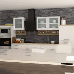 Held Küchenset Mailand | Induktionskochfeld, Mikrowelle, Backofen, Dunstabzugshaube, Kühlschrank, Spüle | High Glossy White