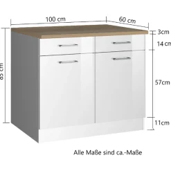 Küchenunterschrank Ragnar 100cm mit 2 Türen und 2 Schubladen - weiß