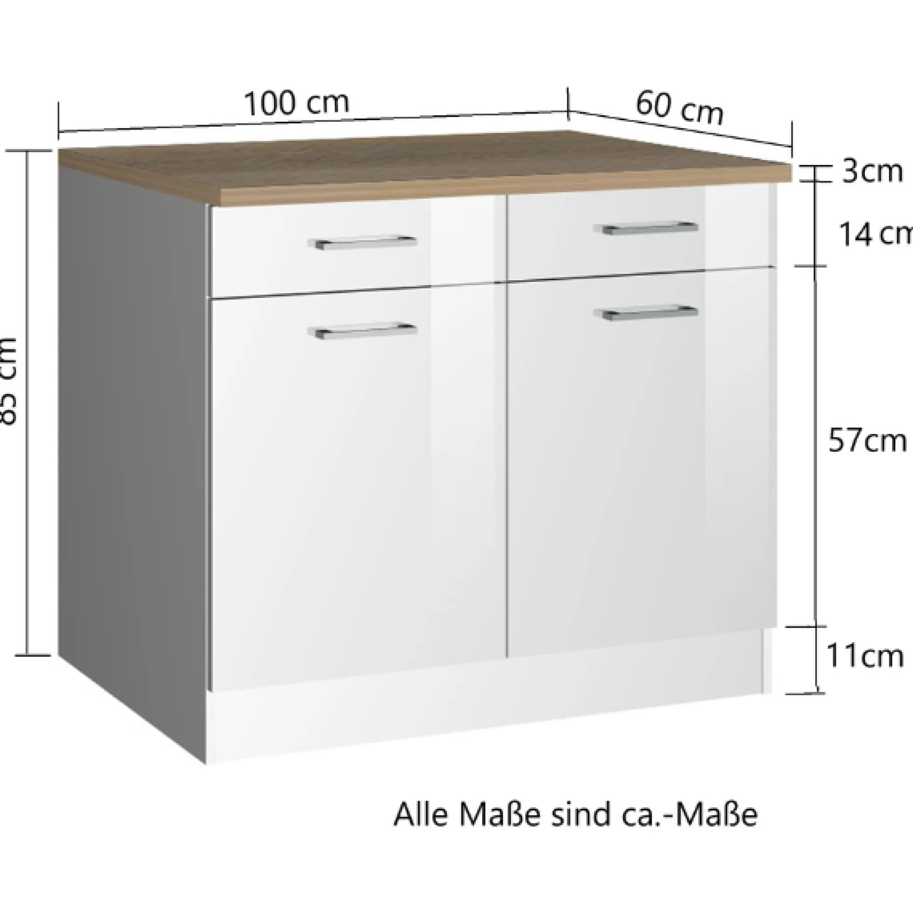 Küchenunterschrank Ragnar 100cm mit 2 Türen und 2 Schubladen - weiß
