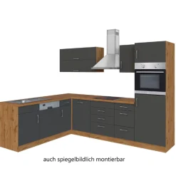 Held Küchenzeile in L-Form Sorrella 270cm mit Backofen, Geschirrspüler und Kühlschrank - anthrazit/eiche