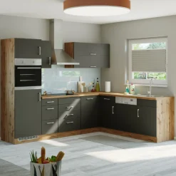 Held Küchenzeile in L-Form Sorrella 270cm mit Backofen, Geschirrspüler und Kühlschrank - anthrazit/eiche