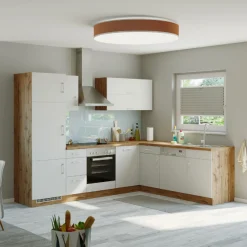 Held Küchenzeile in L-Form Sorrella 270cm mit Platz für Backofen, Geschirrspüler und Kühlschrank - weiß/Eiche