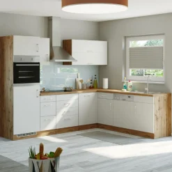 Held Küchenzeile in L-Form Sorrella 270cm mit Platz für Backofen, Geschirrspüler und Kühlschrank - weiß/Eiche