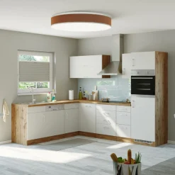 Held Küchenzeile in L-Form Sorrella 270cm mit Platz für Backofen, Geschirrspüler und Kühlschrank - weiß/Eiche