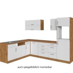 Held Küchenzeile in L-Form Sorrella 270cm mit Platz für Backofen, Geschirrspüler und Kühlschrank - weiß/Eiche