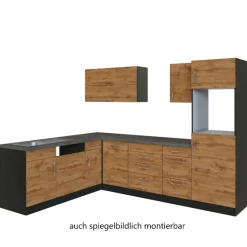 Held Küchenzeile in L-Form Sorrella 270cm mit Platz für Backofen, Geschirrspüler und Kühlschrank - Eiche/Graphit