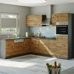 Held Küchenzeile in L-Form Sorrella 270cm mit Platz für Backofen, Geschirrspüler und Kühlschrank - Eiche/Graphit