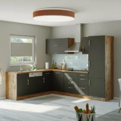 Held Küchenzeile in L-Form Sorrella 270cm mit Backofen, Geschirrspüler und Kühlschrank - anthrazit/eiche