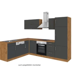 Held Küchenzeile in L-Form Sorrella 270cm mit Backofen, Geschirrspüler und Kühlschrank - anthrazit/eiche
