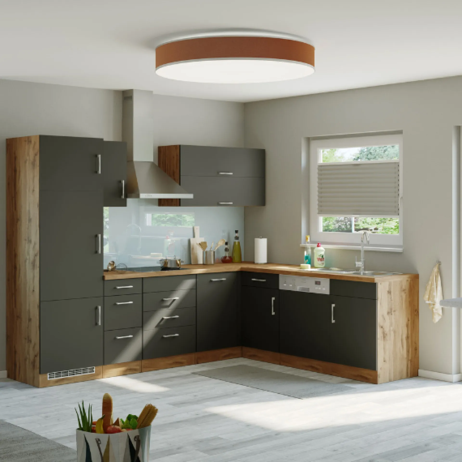 Held Küchenzeile in L-Form Sorrella 270cm mit Backofen, Geschirrspüler und Kühlschrank - anthrazit/eiche