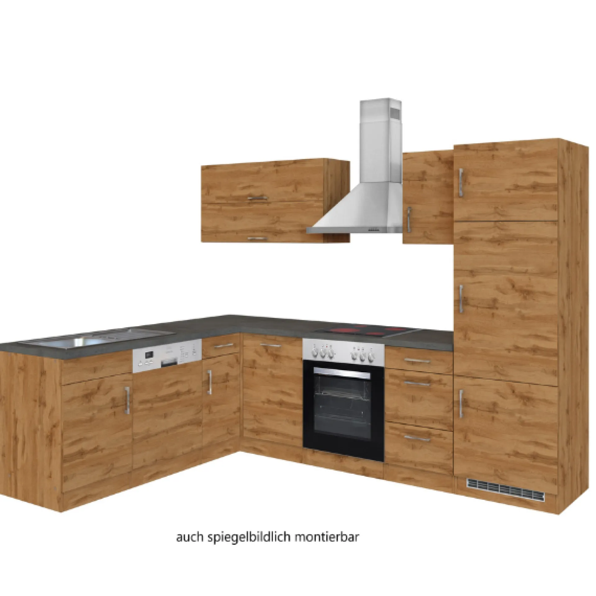 Held Küchenzeile in L-Form Sorrella 270cm mit Backofen, Geschirrspüler und Kühlschrank - Eiche