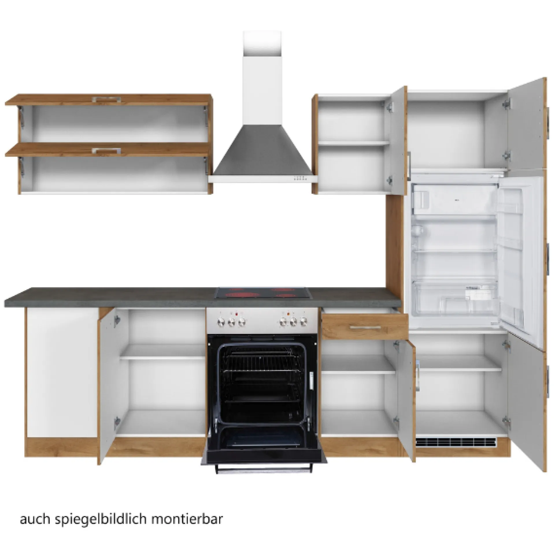 Held Küchenzeile in L-Form Sorrella 270cm mit Backofen, Geschirrspüler und Kühlschrank - Eiche