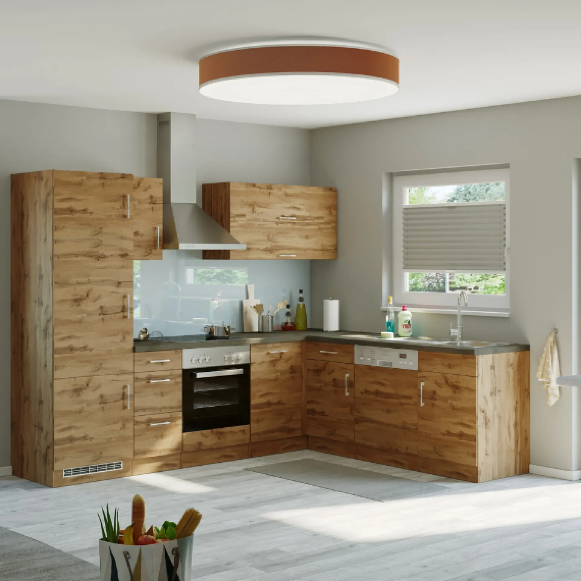 Held Küchenzeile in L-Form Sorrella 270cm mit Backofen, Geschirrspüler und Kühlschrank - Eiche