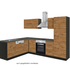 Held Küchenzeile in L-Form Sorrella 270cm mit Backofen, Geschirrspüler und Kühlschrank - Eiche/Graphit