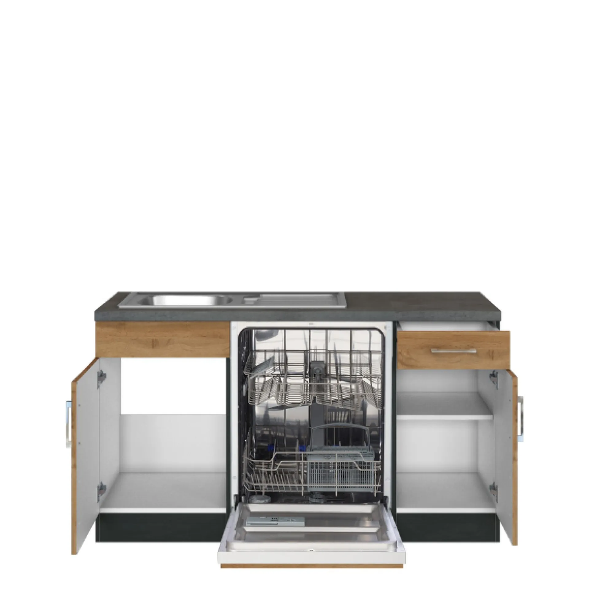 Held Küchenzeile in L-Form Sorrella 270cm mit Backofen, Geschirrspüler und Kühlschrank - Eiche/Graphit