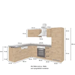 Held Küchenzeile in L-Form Sorrella 270cm mit Backofen, Geschirrspüler und Kühlschrank - Eiche/Graphit