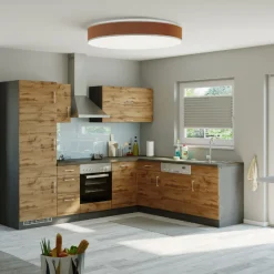 Held Küchenzeile in L-Form Sorrella 270cm mit Backofen, Geschirrspüler und Kühlschrank - Eiche/Graphit