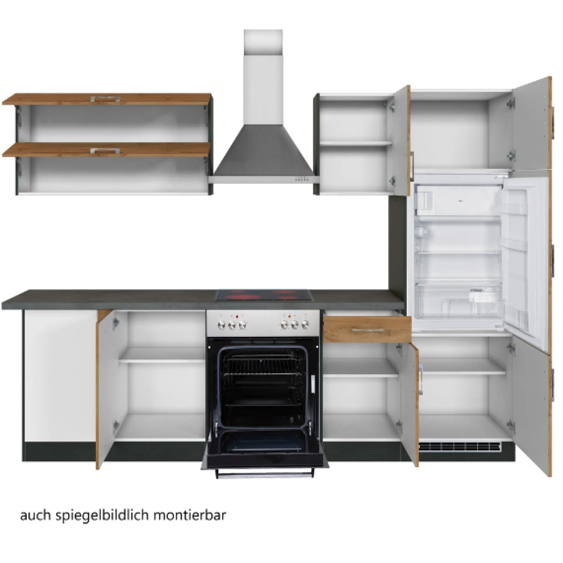 Held Küchenzeile in L-Form Sorrella 270cm mit Backofen, Geschirrspüler und Kühlschrank - Eiche/Graphit