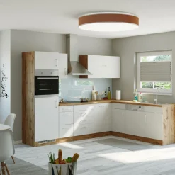 Held Küchenzeile in L-Form Sorrella 270cm mit Backofen, Geschirrspüler und Kühlschrank - weiß/Eiche