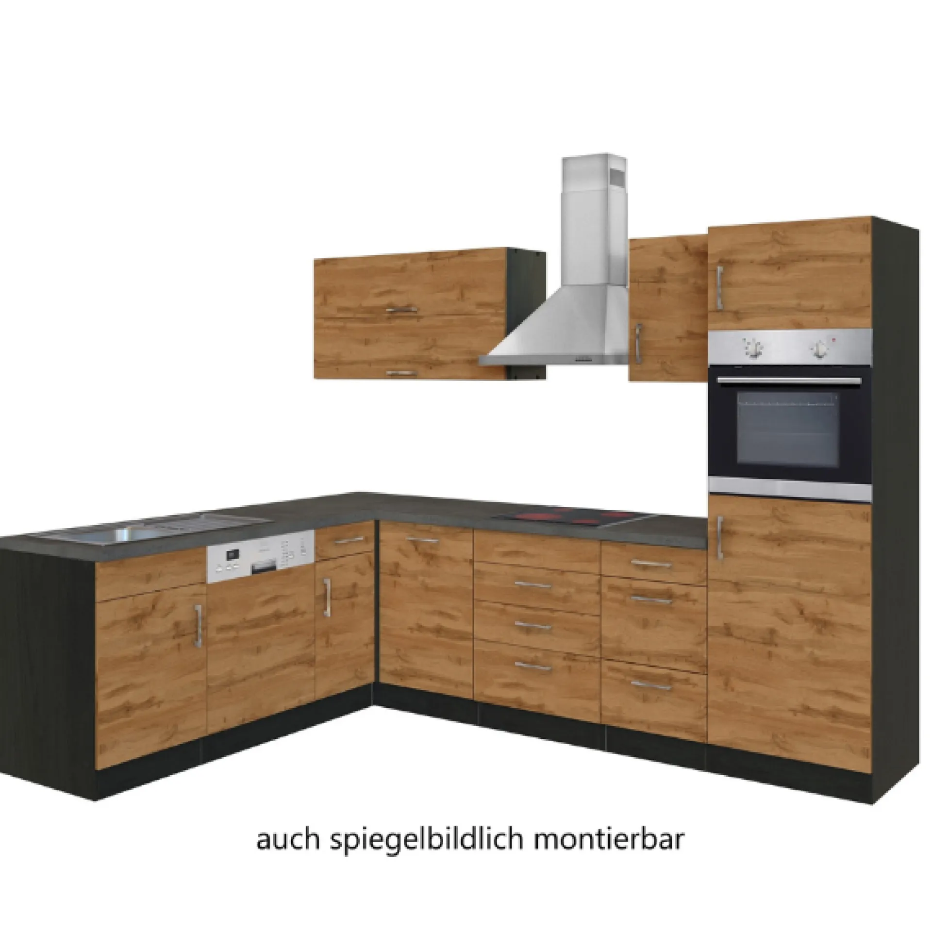 Held Küchenzeile in L-Form Sorrella 270cm mit Backofen, Geschirrspüler und Kühlschrank - Eiche/Graphit