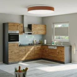 Held Küchenzeile in L-Form Sorrella 270cm mit Backofen, Geschirrspüler und Kühlschrank - Eiche/Graphit