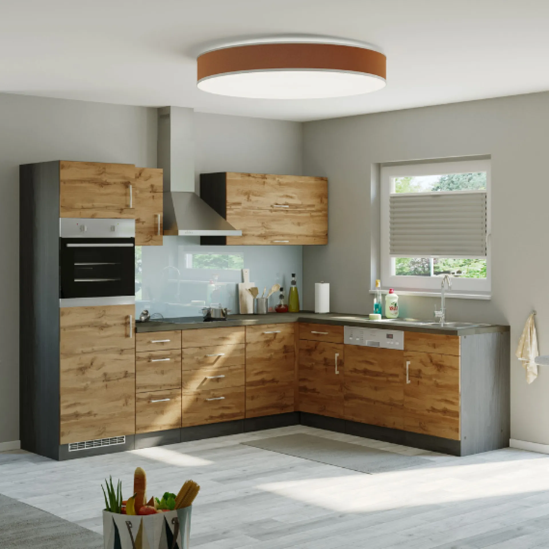 Held Küchenzeile in L-Form Sorrella 270cm mit Backofen, Geschirrspüler und Kühlschrank - Eiche/Graphit
