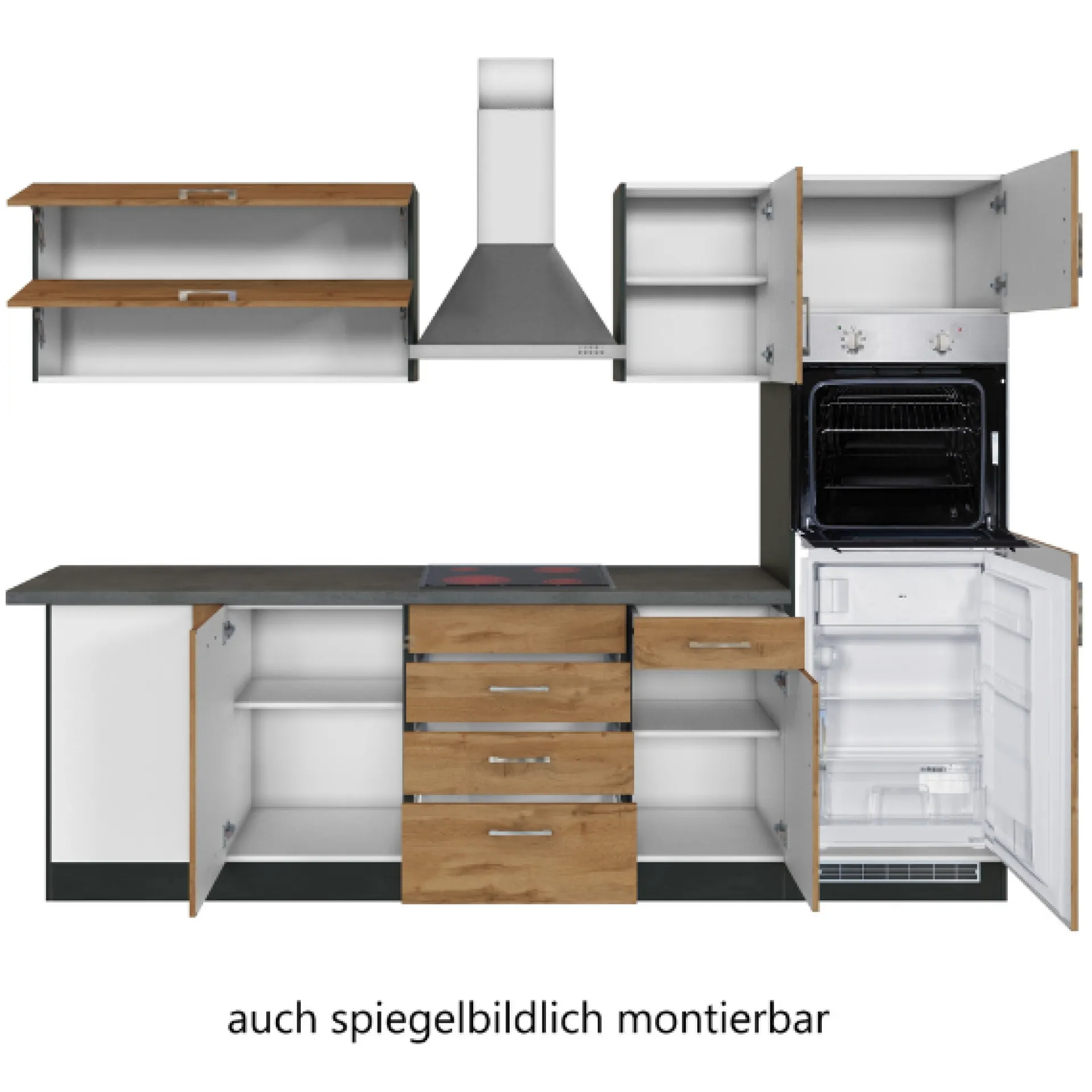 Held Küchenzeile in L-Form Sorrella 270cm mit Backofen, Geschirrspüler und Kühlschrank - Eiche/Graphit
