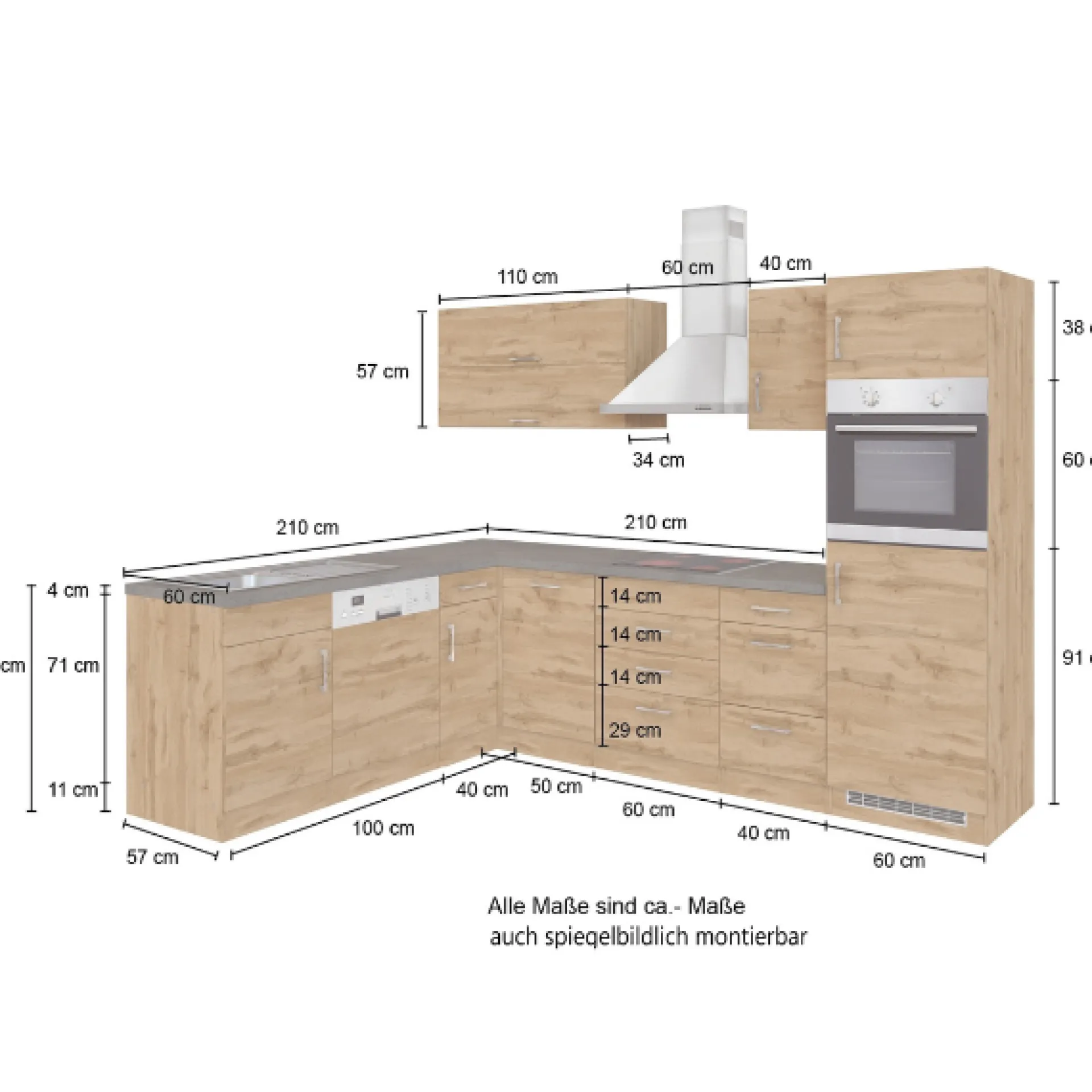 Held Küchenzeile in L-Form Sorrella 270cm mit Backofen, Geschirrspüler und Kühlschrank - Eiche/Graphit