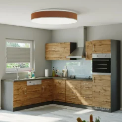 Held Küchenzeile in L-Form Sorrella 270cm mit Backofen, Geschirrspüler und Kühlschrank - Eiche/Graphit