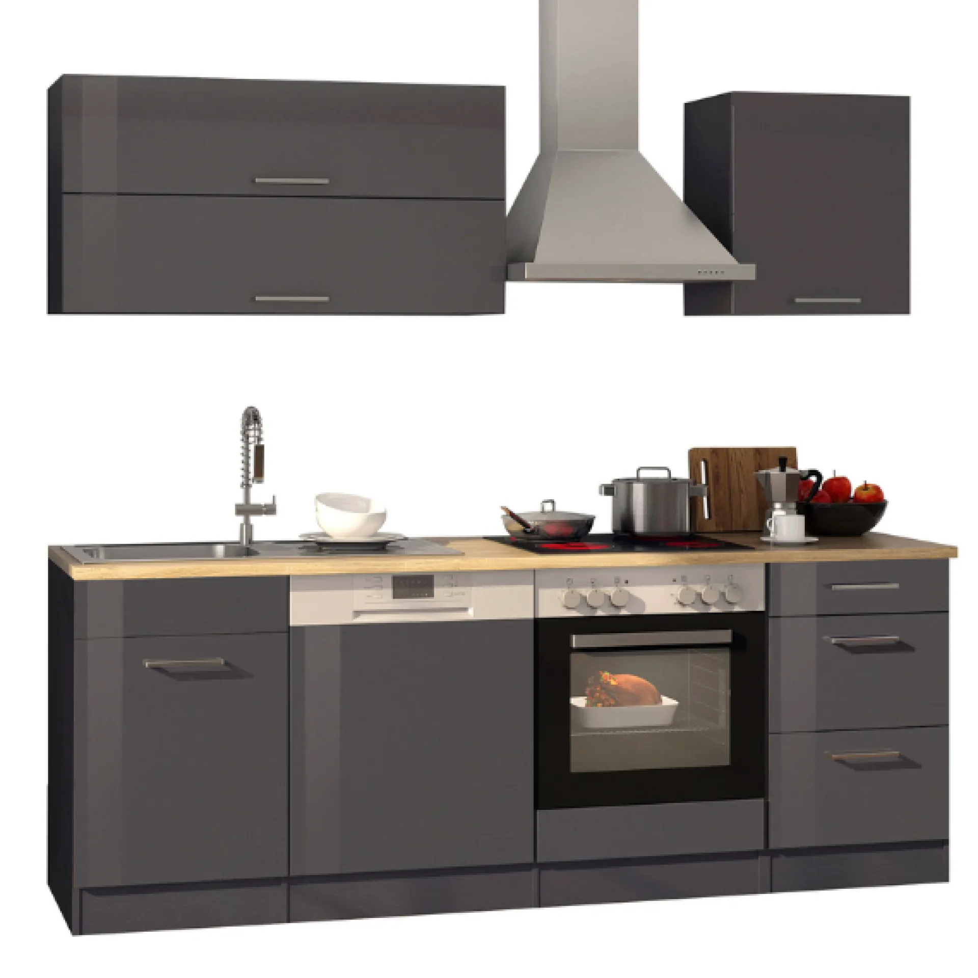Held Küchenzeile Ragnar 220cm mit Backofen und Geschirrspüler - Hochglanz