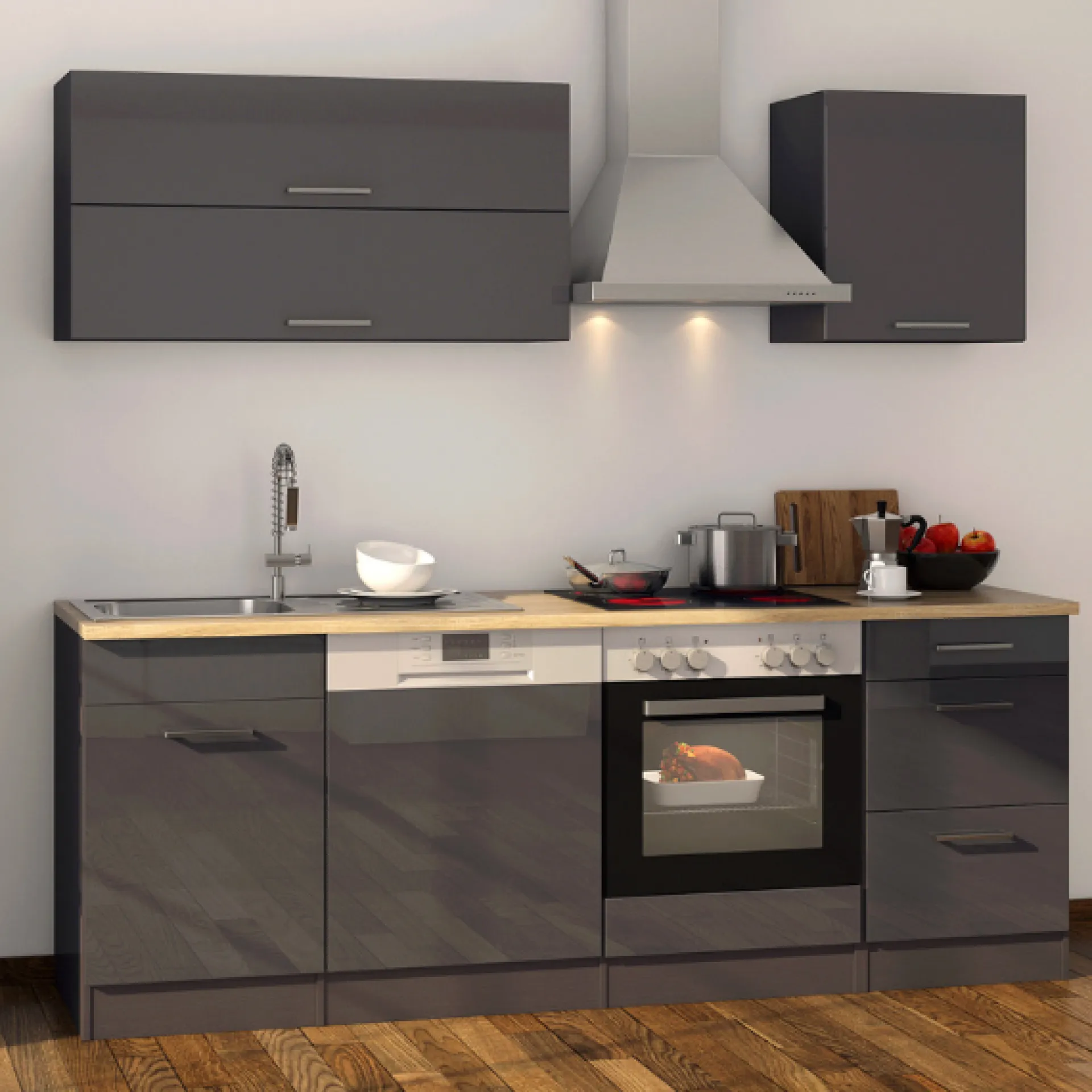 Held Küchenzeile Ragnar 220cm mit Backofen und Geschirrspüler - Hochglanz