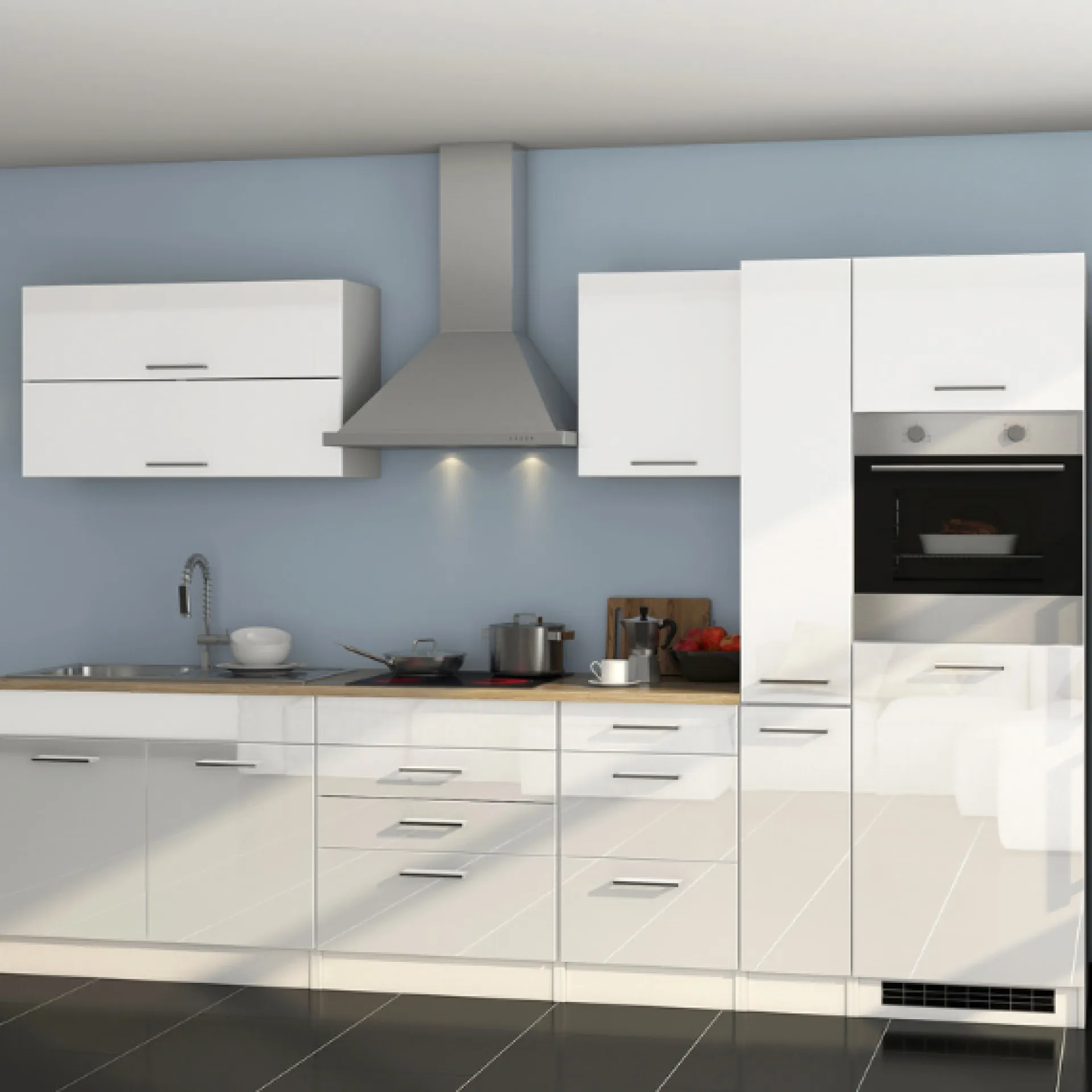 Held Küchenzeile Ragnar 320cm mit Backofen und Kühlschrank - Hochglanz weiß