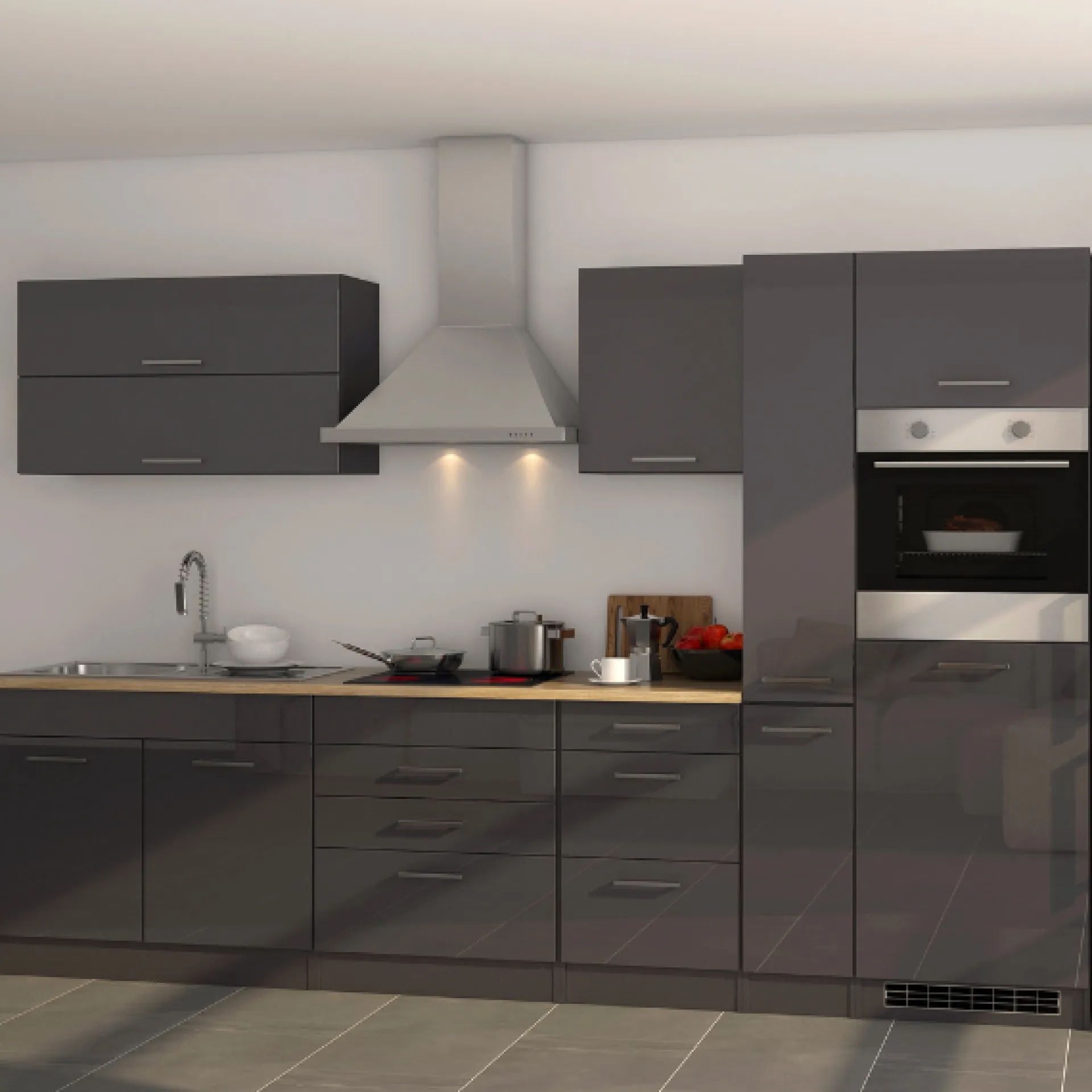 Held Küchenzeile Ragnar 320cm mit Backofen und Kühlschrank - Hochglanz