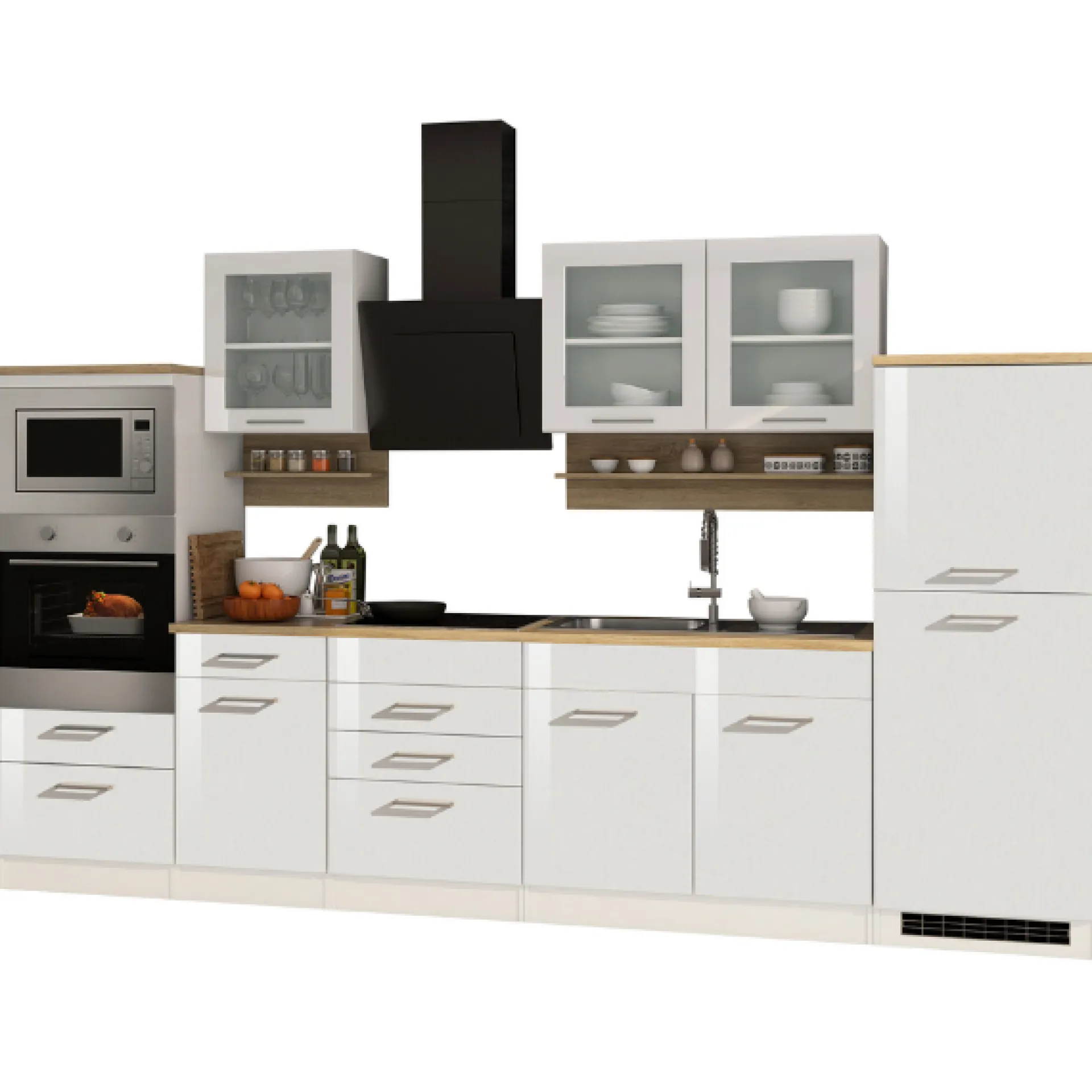 Held Küchenzeile Ragnar 330cm mit Backofen, Mikrowelle und Kühlschrank - Hochglanz weiß