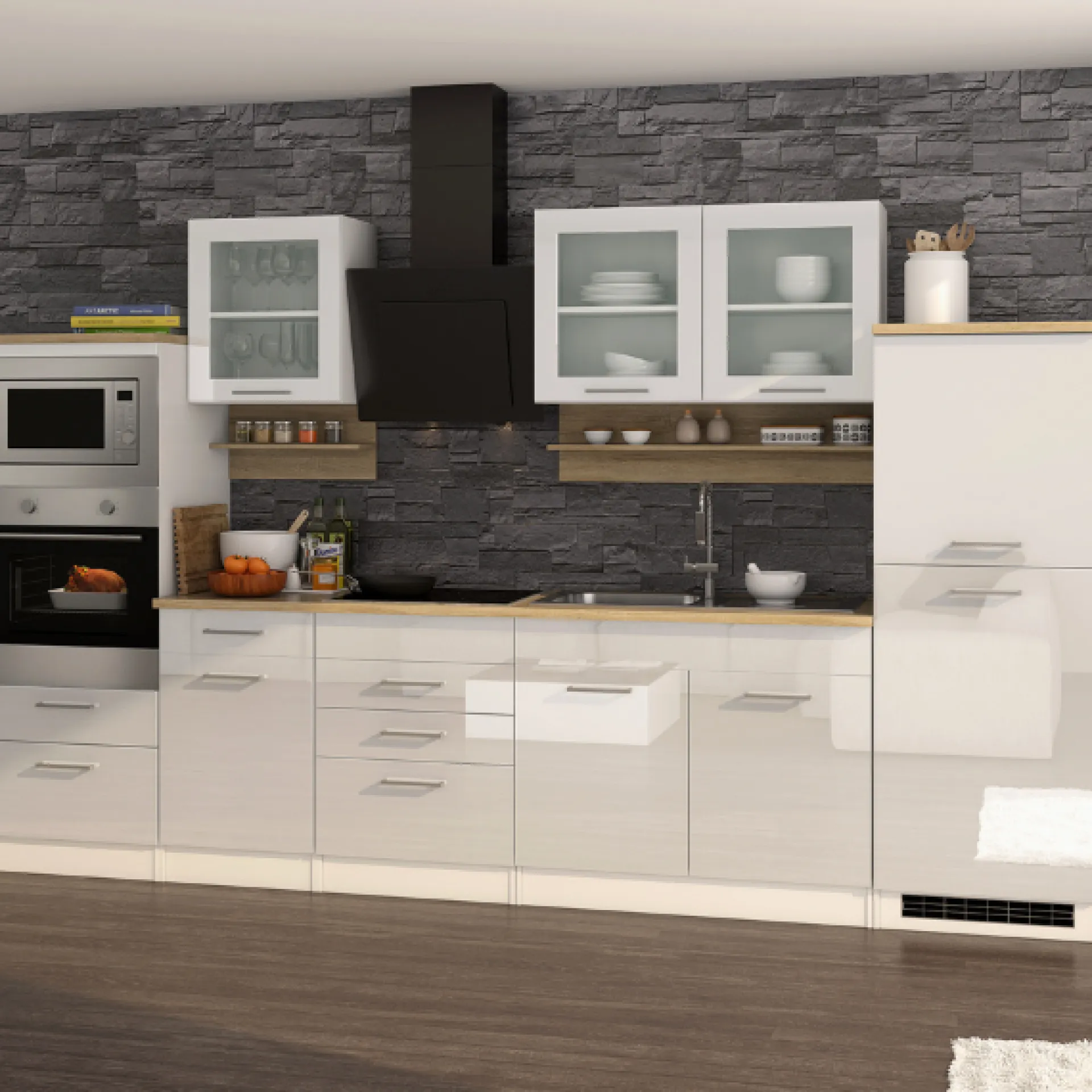 Held Küchenzeile Ragnar 330cm mit Backofen, Mikrowelle und Kühlschrank - Hochglanz weiß